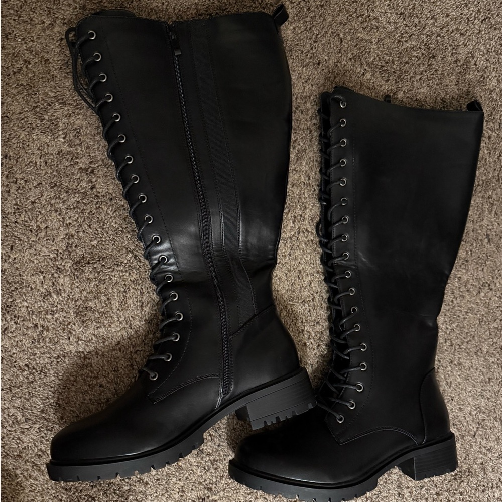 Black Lace-Up Knee-High Boots